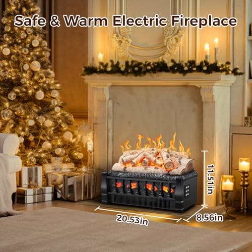 Joy Pebble Electric Fireplace Insert Log Heater 21",750W/1500W Adjustable 5 Flame Brightness,5 Speed Mode,Fireplace Insert with Realistic Ember Bed and Whitish Gray Log,Remote Control 7