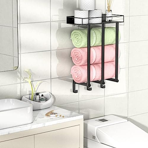 OVICAR Towel Racks for Bathroom - Wall Mounted Towel Rack with Metal Shelf & 3 Hooks, Wall Towel Holder for Small Bathroom, Bath Towel Storage for Large Rolled Towels Organizer, Black 7