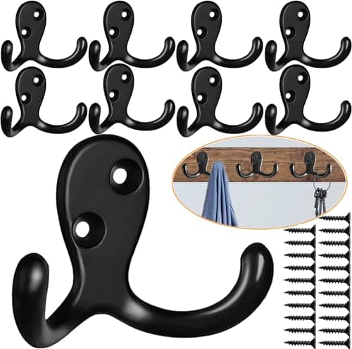 MsBong Coat Hooks Hardware, 10Pcs Wall Hooks Heavy Duty Hooks for Hanging Coats No Rust Double Robe Hook Wall Mounted for Key Towel Bags Cup Hat (Black)