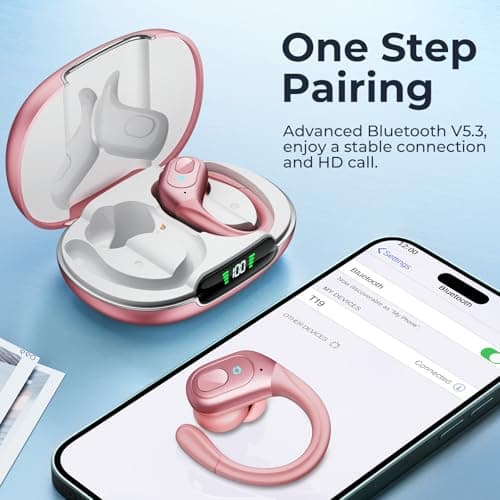occiam Active Noise Cancelling Earbuds Wireless Bluetooth Headphones Ear Buds 90Hrs Playback Stereo Bass Earphones with Mic Over-Ear Hooks IPX7 Waterproof Headset for Work Sports Running (Pink) 6