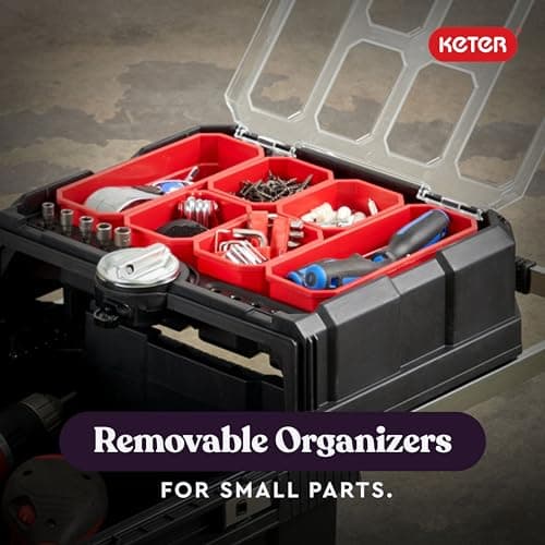 Keter Masterloader Resin Rolling Tool Box with Locking System and Removable Bins – Perfect Organization and Storage Chest for Power Drill, Tape Measure, and Screwdriver Set, Black 8