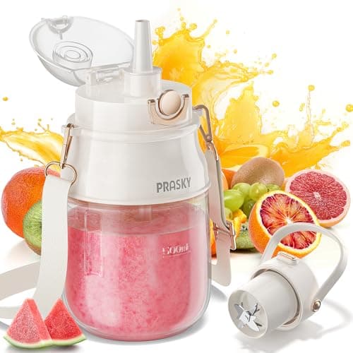 Portable Blender, Prasky Personal Blenders for Shakes and Smoothies with 27oz Cup, Lid and Shoulder Strap, Type-C USB Rechargeable, Personal Size Blenders BPA-free for Gym/Travel/Kitchen (White)