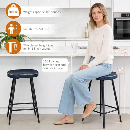 FIRAVOE Bar Stools Set of 2, Modern 24" Counter Height Bar Stools, Faux Leather Backless Saddle Stools for Kitchen Island (Navy Blue, 2 PCS 24'' Height) 3