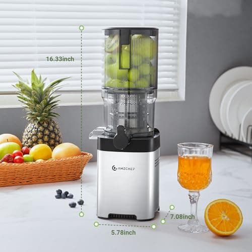 AMZCHEF Cold Press Juicer, 5.21" Juicer Machines with Large Feed Chute for Whole Fruits & Vegetables, Stainless Steel Juice Extractor with Large Auger, Triple Strainers, Easy Cleanup & Assembly 7