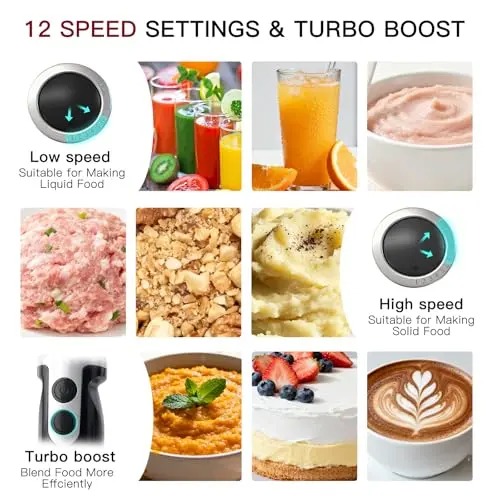 MegaWise Stainless Steel Titanium Reinforced 3-in-1 Immersion Hand Blender, Powerful with 80% Sharper Blades, 12-Speed Corded Blender, Including Whisk and Milk Frother (3-in 1 Black) 7