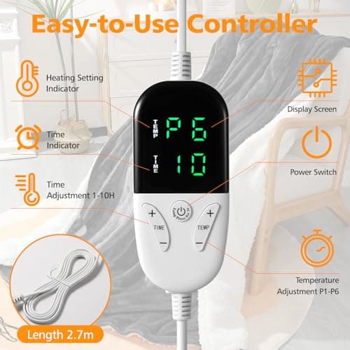 OneAmg Heated Blanket Electric Throw 52"X60",Electric Blanket with Foot Pocket,6 Heat Settings & 1-10 Hours Time Settings Auto-Off,Machine Washable Heating Blanket for Home and Office (Gray) 5