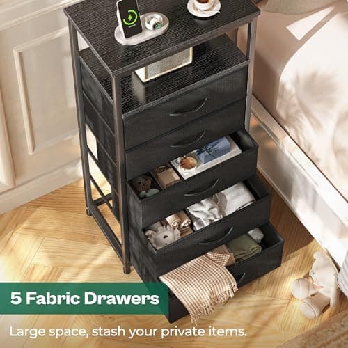 Huuger 5 Drawers Dresser with Charging Station, Dresser for Bedroom, Tall Night Stand, Chest of Drawers with Open Shelf, Bedside Table Nightstand, Fabric Storage Drawers, for Entryway, Black 6