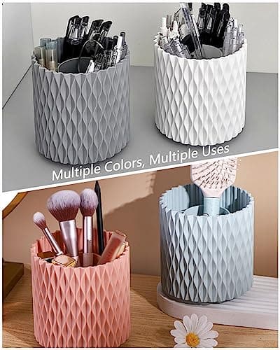 Lebenrich Rotating Pen Holder for Desk, 5 Slots Unique White Desk Organizer Easthetic Desktop Supplies and Accessories for Women Girls, Pencil Cup Caddy for Office Home Art Supply 6