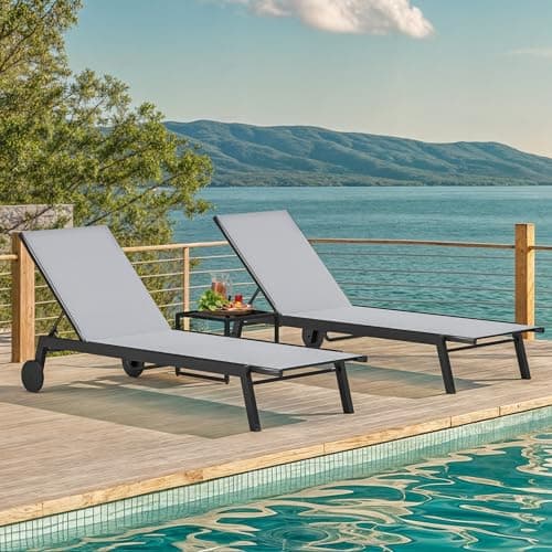 DWVO Outdoor Chaise Lounge Set, 2 Patio Chaise Lounge Chairs with Side Table, Textile Pool Loungers with 5-Level Backrest and Wheels for Beach, Lawn, Porch, Garden (Grey) 8