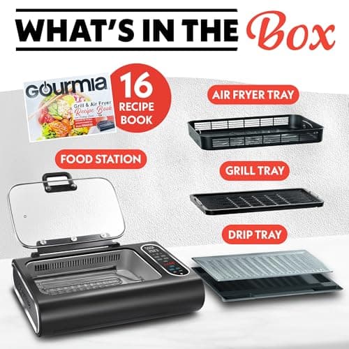 Gourmia Smokeless Indoor Grill - Air Fryer Combo with Smoke Extractor, 5 Cooking Presets, Grill, Air Fry, Roast, Bake, Dehydrate, Countertop Cooker, Glass Lid 5