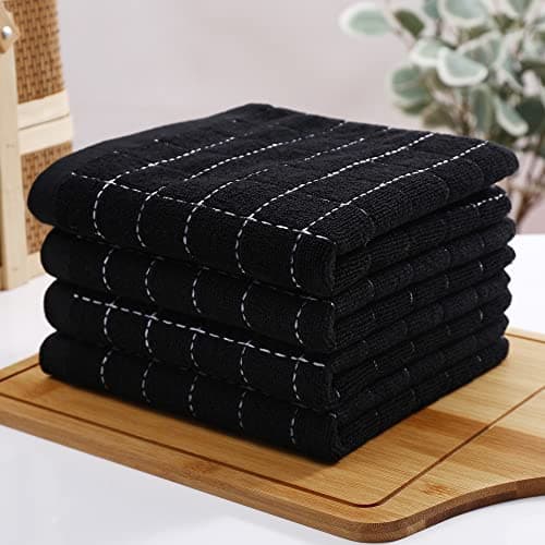 Homaxy 100% Cotton Terry Kitchen Towels(Black, 13 x 28 inches), Checkered Designed, Soft and Super Absorbent Dish Towels, 4 Pack 8