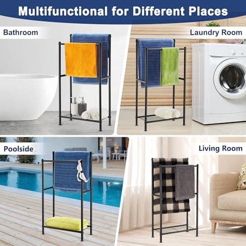 Free Standing Towel Rack, 2 Tier Towel Racks for Bathroom with Storage Shelves, Outdoor Standing Towel Drying Rack for Poolside, Black, DECLUTTR 8