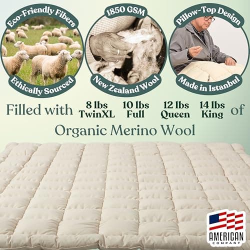 Organic Merino Wool Mattress Topper - Luxury Pillow Top Mattress Pad, Handmade, Non-Toxic, Cooling & Hypoallergenic, Natural Back Pain Relief, Sustainable Bedding (King) 8