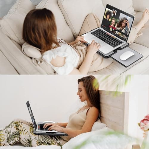 AboveTEK Portable Laptop Lap Desk w/Retractable Left/Right Mouse Pad Tray, Non-Slip Heat Shield Tablet Notebook Computer Stand Table w/Sturdy Stable Work Surface for Bed Sofa Couch or Travel 9