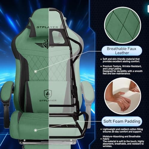 GTPLAYER Gaming Chair, Video Game Chairs with Footrest and Lumbar Support, Computer Chair for Adults with Extended Backrest, Ergonomic Reclining Silla Gamer, Fabric, Green 6