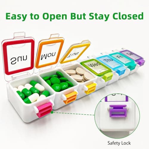 Weekly Pill Organizer, BPA-Free Portable Medication Box, Pill Box 7 Day with Large Compartments for Vitamins & Supplements, Travel Pill Case for Seniors & Adults, Leak-Proof (Multicolor) 5