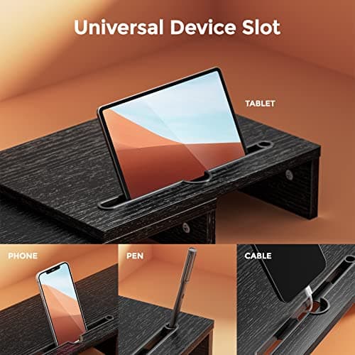 LORYERGO Monitor Stand Wood Material with Adjustable Length and Angle 2 Extra Functional Slot Monitor Riser Desktop Organiser Stand for PC Monitor Printer etc. Black 6