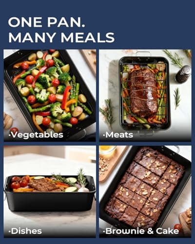 Armorbear Turkey Roasting Pan with Rack Non stick Carbon Steel Roaster 16x11 Inch, Dishwasher Safe, Deep Baking Broiler Pan for Oven Chicken, Bacon, Black 8