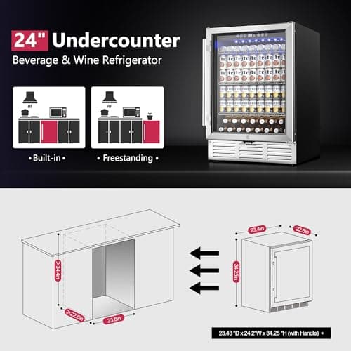 Icyglee 24 Inch Beverage Refrigerator, Beverage Cooler 180 Can Built-in Design, Under Counter Beer Fridge with Glass Door for Soda, Wine, Water - For Kitchen, Office or Bar 7