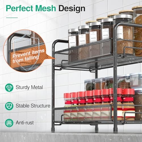 Spice Rack Organizer for Countertop,Xpatee 2-Tier Foldable Metal Rust-Proof Standing Large Seasoning Storage Shelf with Guardrail and Mesh Design for Kitchen Cabinet Bathroom Living Room Pantry, Black 5