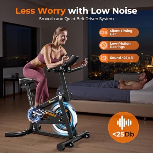 OWLSKY Exercise Bike with APP,Indoor Cycling Bike, 300 lbs Capacity Quiet Stationary Bike for Home Gym, Cardio Bike Workout, Adjustable Seat & Tablet Holder 7