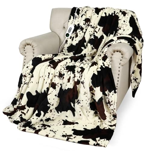 Cow Print Heated Blanket, 90"x90" Queen Size Electric Blanket Dual Control, Cozy Soft Flannel Sherpa Heating Blankets with 9 Heat Levels & 2/4/8/12H Auto-Off