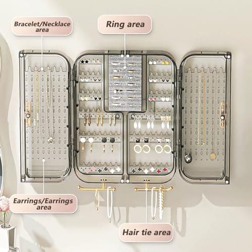 YFUIF Jewelry Boxes & Organizers Display Cabinet, Bedroom Wall Storage Decor Aesthetic, Acrylic Hanging Mounted Holder Earring Ring Necklace Preppy Teen Girl Birthday Gifts 11x8in (Ash Gold) 2