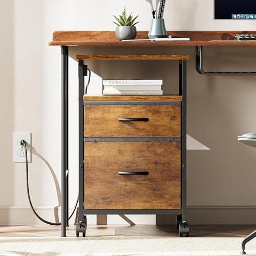 Huuger File Cabinet with Power Outlets, 2 Drawer Filing Cabinet, Printer Stand with Storage, Rolling File Cabinet with Lockable Wheels/Adjustable Feet, Open Shelf, Wood Top, Rustic Brown 8