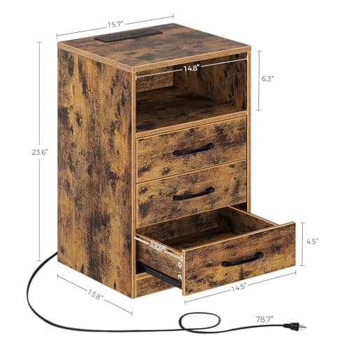 Seventable Nightstand with Wireless Charging Station and LED Lights, Rustic End Side Table with 3 Drawers and Open Compartment for Bedroom, Rustic Brown 3