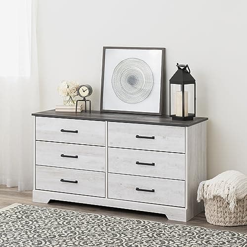 Prepac Rustic Ridge Farmhouse 6-Drawer Double Dresser, Washed White Dresser for Bedroom, Chest of Drawers with 6 Storage Drawers, 53.25” wide x 18.25” deep x 28.5” tall, Washed White 7