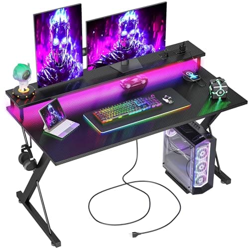 TIQLAB Gaming Desk with Power Outlets & LED 40 Inch Ergonomic Computer Carbon Fiber Surface Gamer Desk, Large Monitor Stand, Headphone Hook, PC Workstation for Bedroom, Black