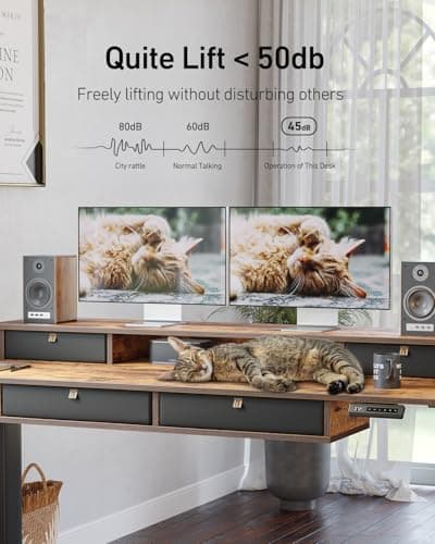 FEZIBO 55 x 30 inch Standing Desk with Drawers, Height Adjustable Electric Workstation, Computer Sit Stand Up Table with Large Storage Shelf 4 Drawers and 2 Hooks, Rustic Brown 9