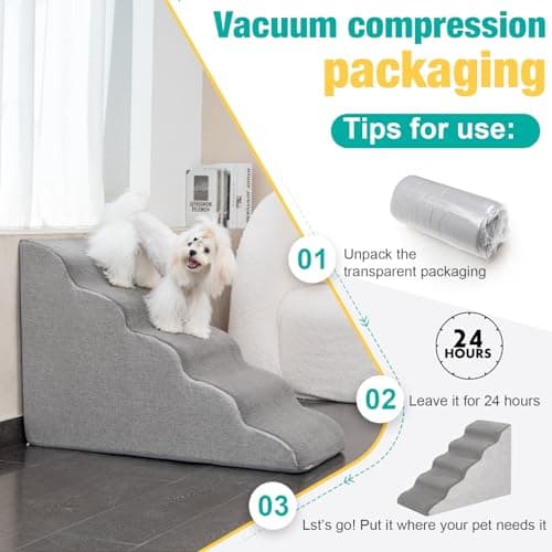Uross Dog Stairs for Small Dogs- 5 Steps Ramps for High Bed Couch, High Density Foam Pet Stairs to Get on Bed, 5 Tiers Cat Doggy Steps Ramps for Joint Pain Dog(Gray) 6