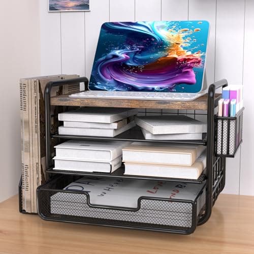 2025 New Large Capacity Desk Organizer with Drawer, Wooden 4-Tier Paper Organizer Letter Tray with File Holder and Pen Holders, Wooden Desk Accessories for A4 Paper Work Folder Storage (Style1)