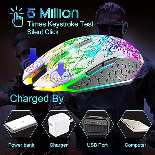 VEGCOO Wireless Gaming Mouse, Rechargeable Gaming Mouse, Silent Optical Mice with 2.4G USB Receiver, 3 Level DPI, 6 Buttons, 7 Colors LED Lights for PC/Mac Gamer, Laptop and Desktop 6