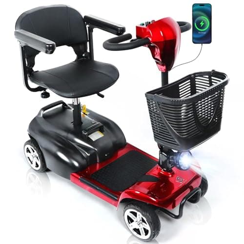 Powered Mobility Scooter, 265 lbs All Terrain Foldable Electric Scooter for Adults,Travel,Long Range Power Extended Battery with Charger,Basket and LED Light (Red)