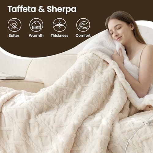 XINIUSLEEP Heated Blanket Electric Blanket 50"x60", Soft Taffeta Sherpa Electric Throw with 5 Heating Level & 1-12 Hour Auto Off, Heated Throw with Overheating Protection, Machine Washable (Beige) 5