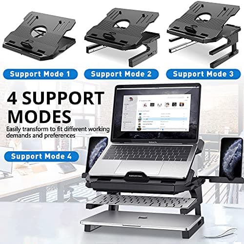 AboveTEK Laptop Stand, 20 Angles Two-Layer Height Adjustable Laptop Stands, Portable Laptop Riser with 360 Rotating Base Storage Space & Extra Phone Holders Compatible with 10''-17'' Laptops Black 5
