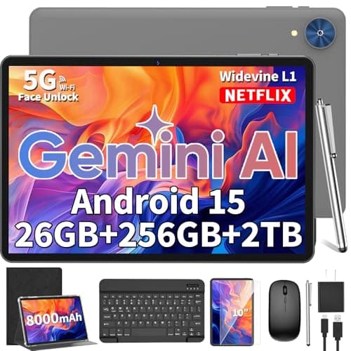 2026 Android 15 Tablet, 10 inch Tablet with Keyboard, 24GB+256GB+2TB Expand, 2-in-1 Tablets with 8-Core, 5G WiFi, 8000mAh, BT5.0, GMS, GPS, Gemini AI, Tablets PC with Mouse, Case, Stylus (Black)