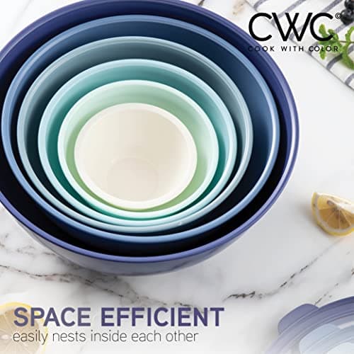 COOK WITH COLOR Mixing Bowls with TPR Lids - 12 Piece Plastic Nesting Bowls Set includes 6 Prep Bowls and 6 Lids, Microwave Safe (Blue) 7