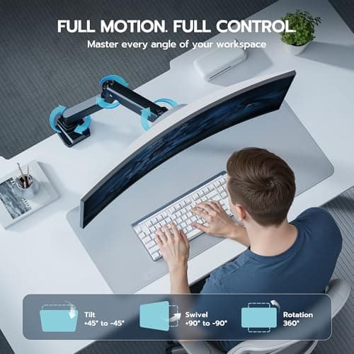 ARES WING Ultrawide Monitor Arm, Heavy Duty Single Monitor Mount for 13"-49" Curved Screens, Adjustable Stand for Desk with C-clamp & Grommet Base up to 40 LBS, Black 5