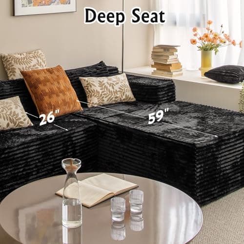 Black sectional couches for Living Room Corduroy Couch，104" Cloud Sectional Couch with L-Shape Chaise， Modern Modular Sofa, Deep Seat Comfort, No Assembly Required(Plush Corduroy Fabric) 8