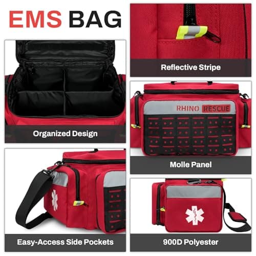RHINO RESCUE First Responder First Aid Kit Fully-Stocked EMT Bag, Professional EMT/EMS Trauma Medical Kit, Molle System & Reflective Stripe, 300+ First Aid Supplies, Suits for Business, Home (Red) 6