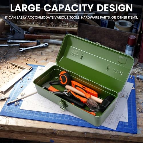 Large Metal Tool Storage Box with Handle for Workshop,15 inches Portable Tool Case with Lid，Locking Organiser Box for Hardware Part(green) 6