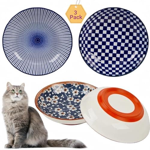 3 Pack Non-Slip Cat Bowl, No Spill Ceramic Cat Food Bowls, 5.5" Whisker Friendly Cats Dish Set for Indoor Cats, Shallow Wide Kitten Dishes for Food, Boho Kitten Bowls with Silicone Bottom