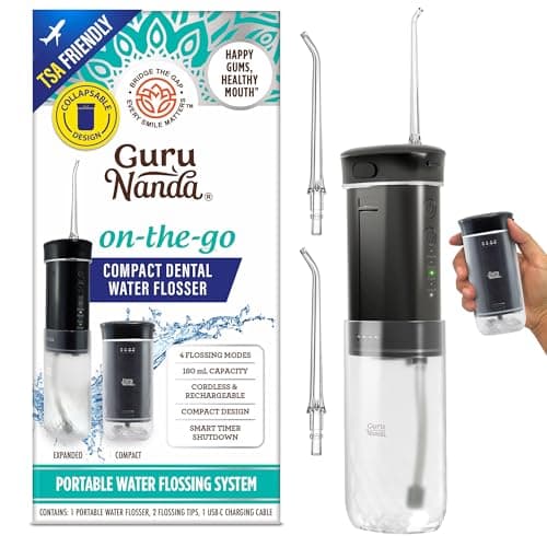 GuruNanda Compact Water Dental Flosser, Portable Travel Size Oral Irrigator Flosser with Collapsible 180 ml Tank, Smart Timer, 4 Flossing Modes, TSA-Friendly - Black
