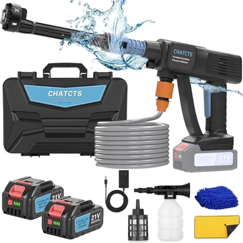 Portable Cordless Pressure Washer, 980PSI Cordless Car Pressure Washer with 2 Batteries, 6 in 1 Nozzle, 5 Meter Hose, for Watering, Cleaning, Car Washing, Floor Washing