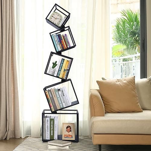 Weltallina 5-Tier Geometric Metal Bookshelf, Modern Unique Floor Corner Book Shelf 67", Display Storage Bookcase for Living Room, Bedroom, Office, Home Decor, Black