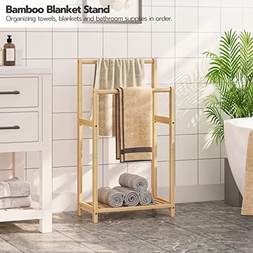 HOOBRO Freestanding Towel Rack for Bathroom, 2 Tier Decorative Bamboo Blanket Rack, Quilt Display Stand with Storage Shelf, 16.5" L x 9.4" W x 30.5" H, Bedroom, Living Room, Natural Color YL02LB01 9