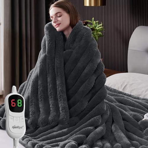 HaloRest Heated Throw Blanket, Faux Fur Cozy Heating Blanket with Overheat Protection, 1/2/4/6/8 Hours Auto-Off 10 Heat Level, Machine Washable (50x60 Inches, Darkgrey)